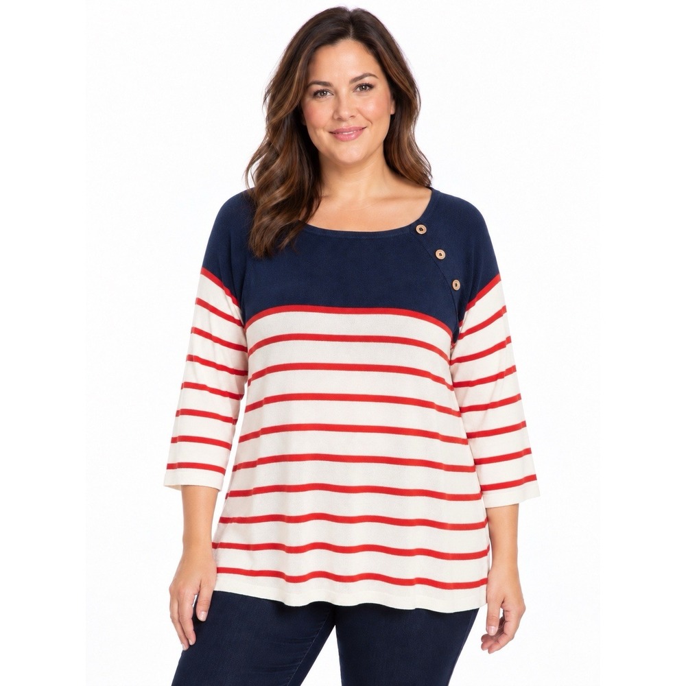 Jones New York 2X Nautical Striped Knit Top Navy Red White Button Shoulder